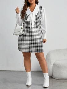 Celure Plus Plaid Print Tie Front Dress
