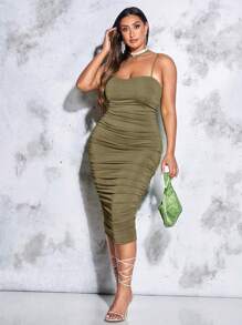 SHEIN BAE Hơn Chất rắn Xù Cổ không đối xứng Đầm - xanh quân đội - Xem 1