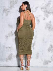 SHEIN BAE Hơn Chất rắn Xù Cổ không đối xứng Đầm - xanh quân đội - Xem 2