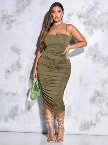 SHEIN BAE Hơn Chất rắn Xù Cổ không đối xứng Đầm - xanh quân đội - Xem 3