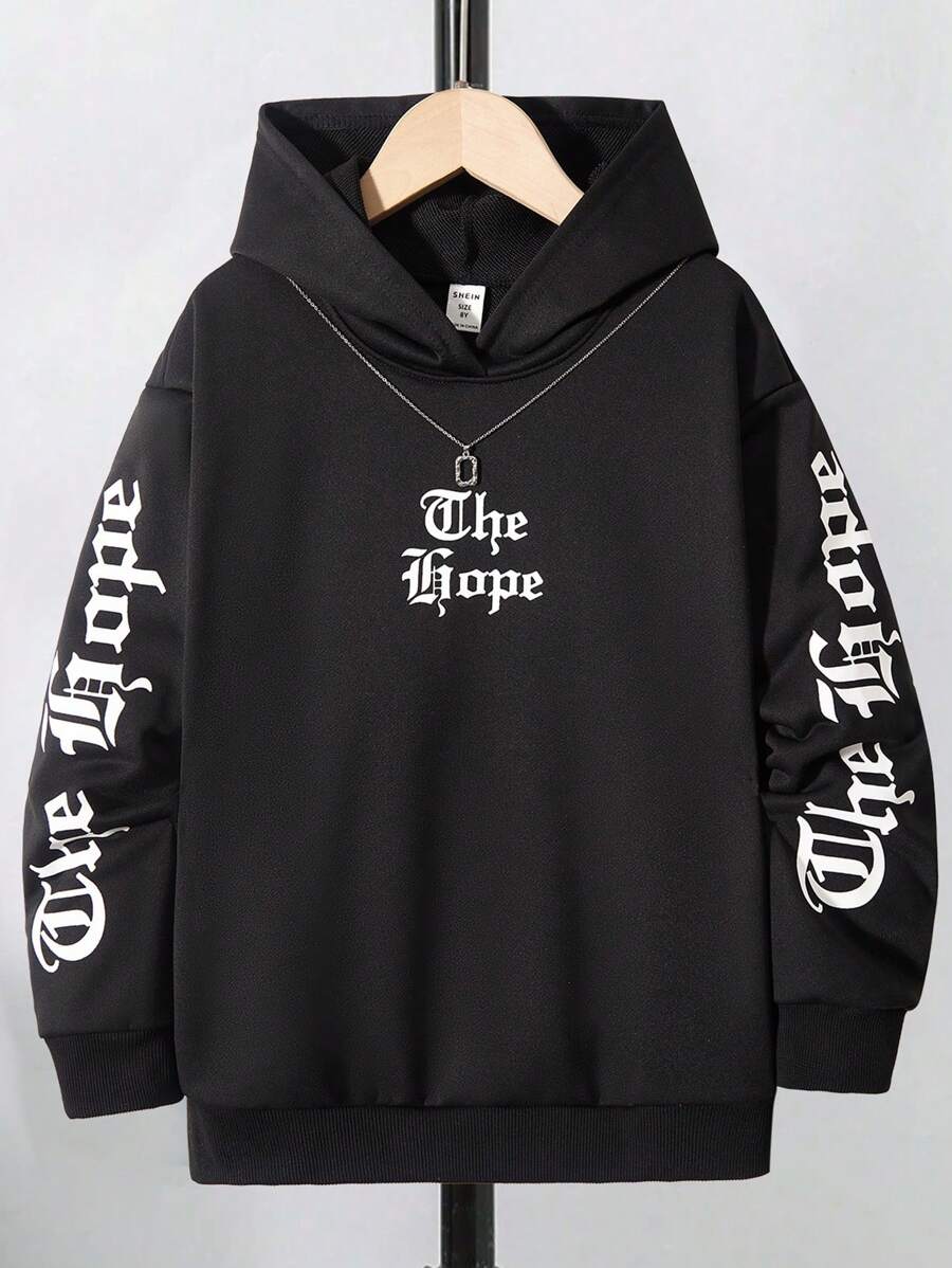 SHEIN Tween Boys' Casual Gothic Font Printed Hoodie With College Style