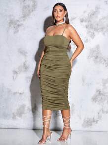 SHEIN BAE Hơn Chất rắn Xù Cổ không đối xứng Đầm - xanh quân đội - Xem 4