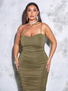 SHEIN BAE Hơn Chất rắn Xù Cổ không đối xứng Đầm - xanh quân đội - Xem 5