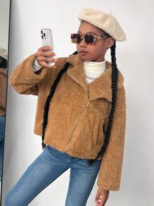 SHEIN 女大童絨毛外套 - 駝色 - 查看 1