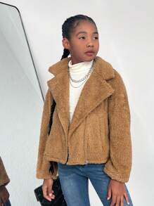 SHEIN 女大童絨毛外套 - 駝色 - 查看 3