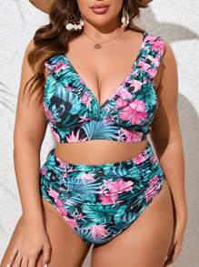 SHEIN Set di bikini taglie forti con stampa tropicale e balza, per l'estate