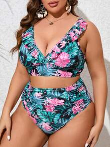 SHEIN Set di bikini taglie forti con stampa tropicale e balza, per l'estate
