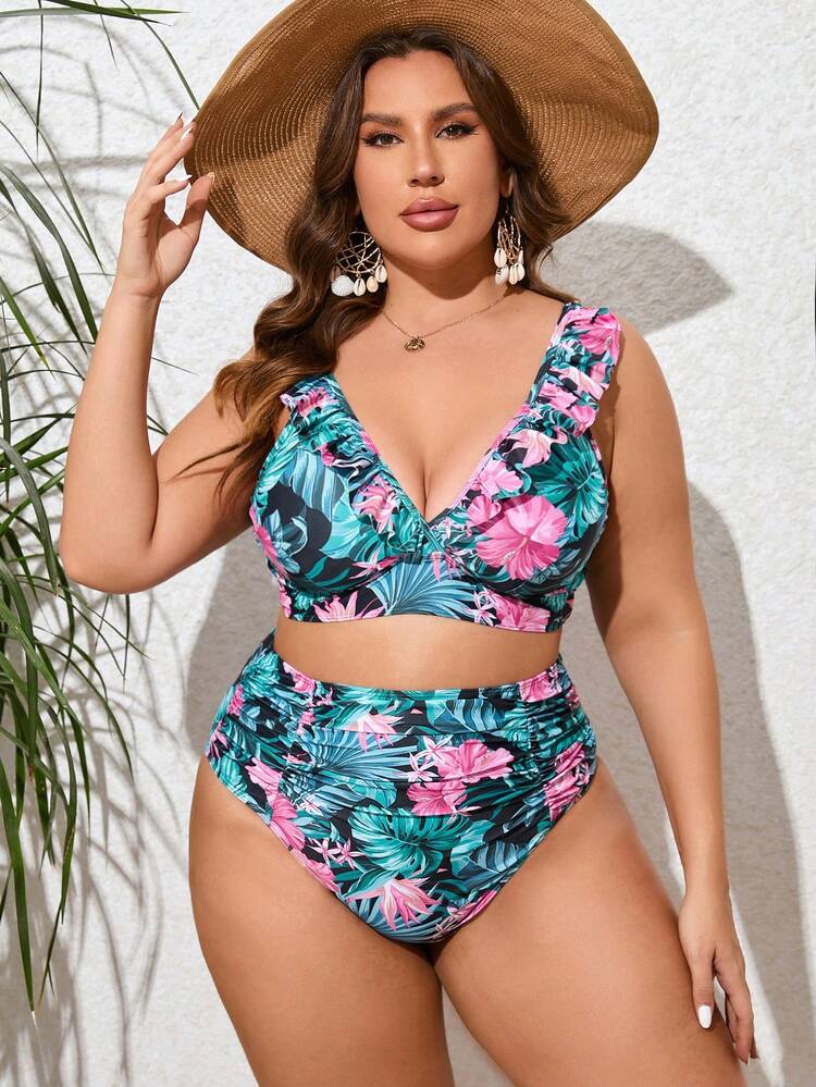 SHEIN 大码热带印花荷叶边比基尼套装夏季 - 彩色 - 查看 4