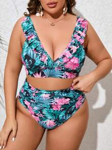 SHEIN Set di bikini taglie forti con stampa tropicale e balza, per l'estate