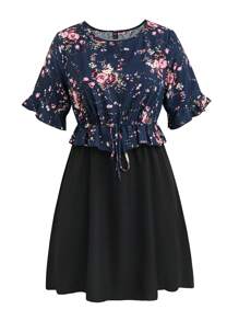 SHEIN Clasi Talla grande Vestido con estampado floral de manga con volante de cintura con cordón ribete con fruncido - Negro - Ver 1