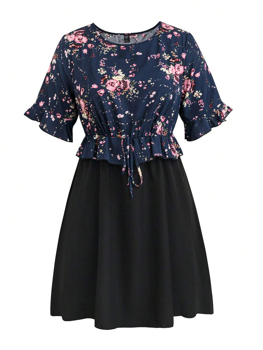 SHEIN Clasi Talla grande Vestido con estampado floral de manga con volante de cintura con cordón ribete con fruncido - Negro - Ver 1