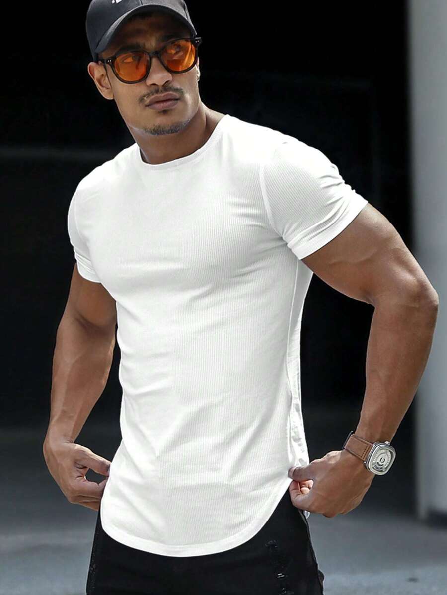 Men Solid Curved Hem Tee - White - View 1