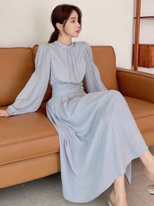 DAZY Solid Bishop Sleeve A-line Dress - Light Grey - View 6