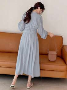 DAZY Solid Bishop Sleeve A-line Dress - Light Grey - View 2