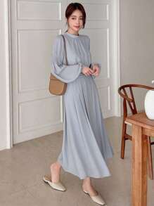 DAZY Solid Bishop Sleeve A-line Dress - Light Grey - View 3