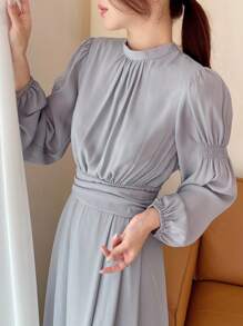 DAZY Solid Bishop Sleeve A-line Dress - Light Grey - View 4