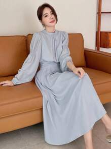 DAZY Solid Bishop Sleeve A-line Dress - Light Grey - View 1