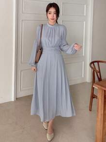 DAZY Solid Bishop Sleeve A-line Dress - Light Grey - View 7