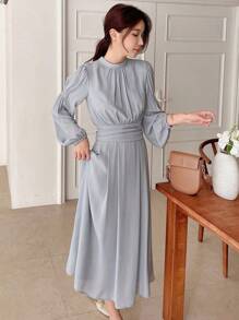 DAZY Solid Bishop Sleeve A-line Dress - Light Grey - View 8