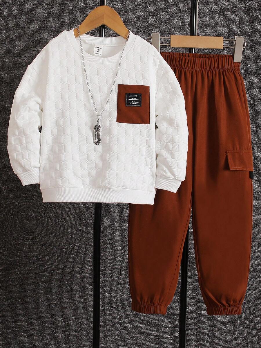 SHEIN Chàng trai trẻ Chi tiết Patched thư Áo nỉ & Chi tiết về Flap Quần - Nhiều màu - Xem 1