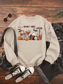INAWLY Plus Halloween Slogan & Cartoon Graphic Thermal Lined Sweatshirt