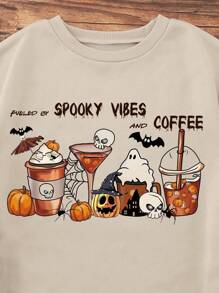 INAWLY Plus Halloween Slogan & Cartoon Graphic Thermal Lined Sweatshirt