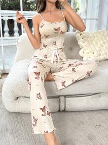 Bear Print Cami Top & Trousers PJ Set - Apricot - View 5