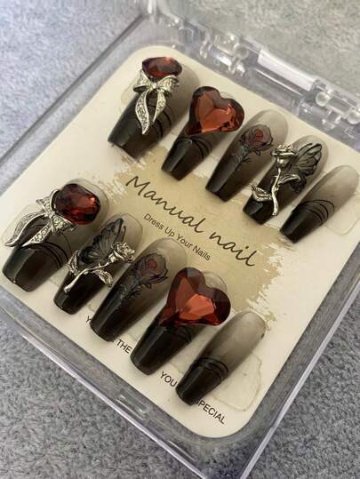 Goth 10pcs Long Coffin Floral & Heart Rhinestone Decor Fake Nail Kit