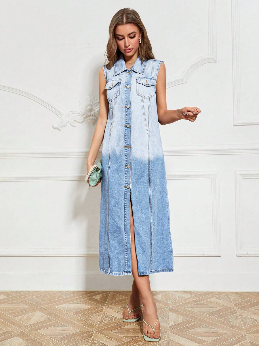 SHEIN Privé 翻蓋口袋前紐扣牛仔外套不附腰帶 - 中等水洗藍 - 查看 1