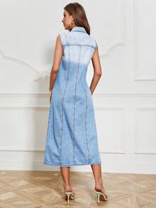 SHEIN Privé 翻蓋口袋前紐扣牛仔外套不附腰帶 - 中等水洗藍 - 查看 3