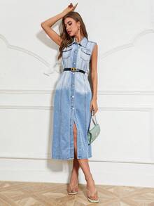 SHEIN Privé 翻蓋口袋前紐扣牛仔外套不附腰帶 - 中等水洗藍 - 查看 4