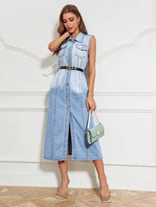 SHEIN Privé 翻蓋口袋前紐扣牛仔外套不附腰帶 - 中等水洗藍 - 查看 5