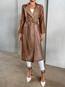 SHEIN Privé Đôi ngực Thắt lưng Áo khoác Trench - Lạc đà - Xem 1