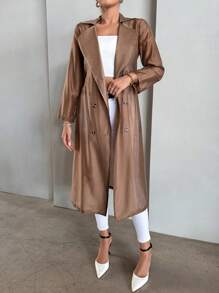 SHEIN Privé Đôi ngực Thắt lưng Áo khoác Trench - Lạc đà - Xem 3