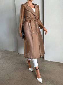 SHEIN Privé Đôi ngực Thắt lưng Áo khoác Trench - Lạc đà - Xem 5
