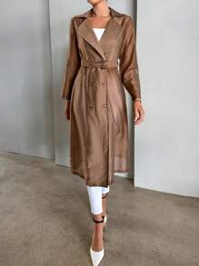 SHEIN Privé Đôi ngực Thắt lưng Áo khoác Trench - Lạc đà - Xem 6