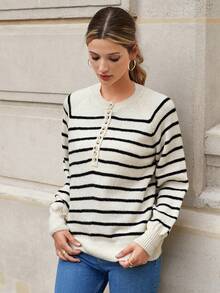 EURMUSE 條紋圖案半排扣插肩袖套頭毛衣 - 白色 - 查看 3