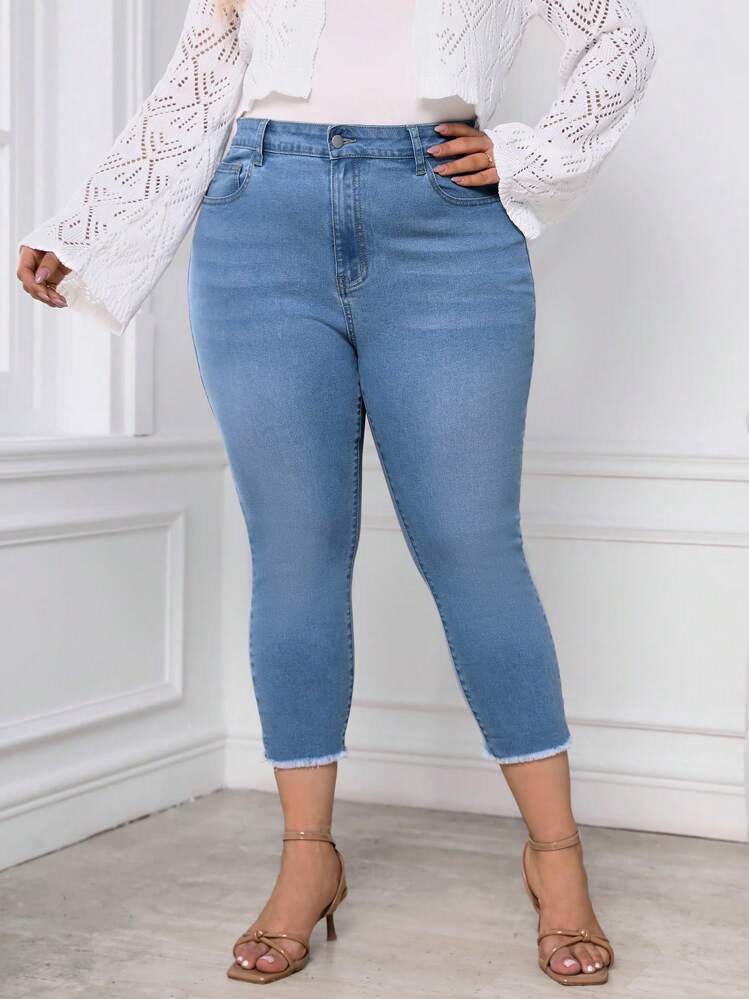 SHEIN LUNE מידות גדולות גזרה גבוהה שוליים גזורים ג'ינס סקיני - שטיפה קלה - ראה 1