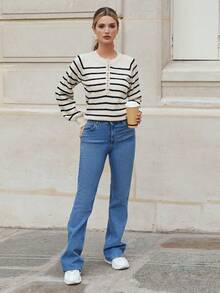 EURMUSE 條紋圖案半排扣插肩袖套頭毛衣 - 白色 - 查看 5