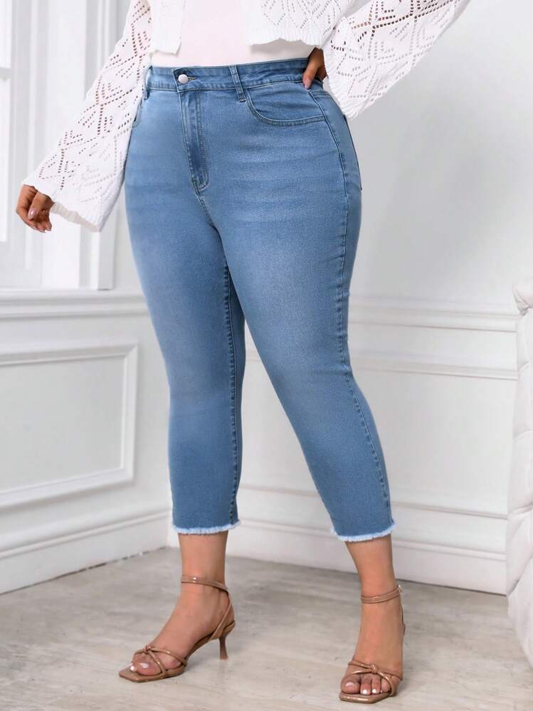 SHEIN LUNE מידות גדולות גזרה גבוהה שוליים גזורים ג'ינס סקיני - שטיפה קלה - ראה 4