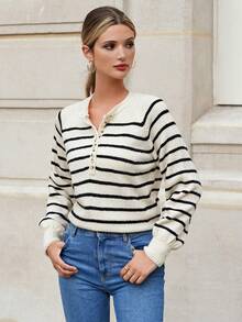 EURMUSE 條紋圖案半排扣插肩袖套頭毛衣 - 白色 - 查看 7