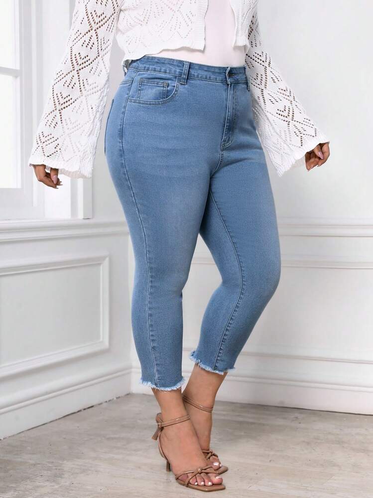 SHEIN LUNE מידות גדולות גזרה גבוהה שוליים גזורים ג'ינס סקיני - שטיפה קלה - ראה 6