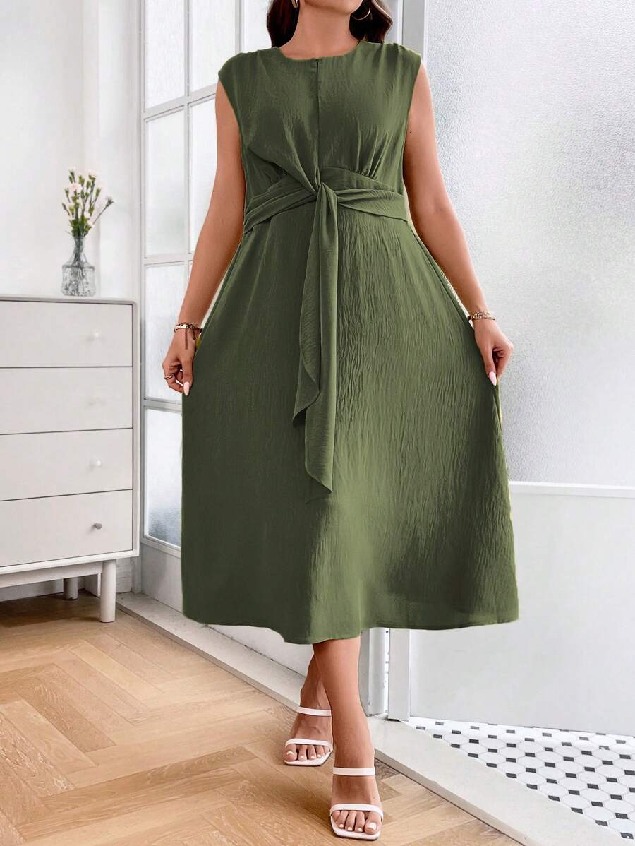 SHEIN Holidaya Plus Solid Tie Front Sleeveless A-line Dress - Army Green - View 1