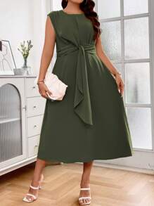 SHEIN Holidaya Plus Solid Tie Front Sleeveless A-line Dress - Army Green - View 3