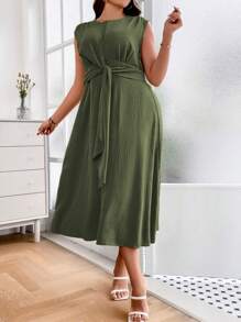 SHEIN Holidaya Plus Solid Tie Front Sleeveless A-line Dress - Army Green - View 4