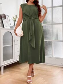 SHEIN Holidaya Plus Solid Tie Front Sleeveless A-line Dress - Army Green - View 5