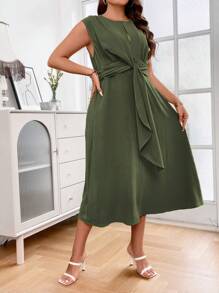 SHEIN Holidaya Plus Solid Tie Front Sleeveless A-line Dress - Army Green - View 6