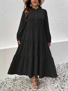 SHEIN LUNE Plus Đầm Maxi Xếp Ly Viền Ruffle Nửa Nút Trang Phục Cho Nữ - màu đen - Xem 4