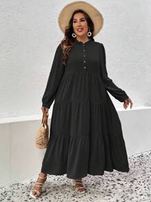 SHEIN LUNE Plus Đầm Maxi Xếp Ly Viền Ruffle Nửa Nút Trang Phục Cho Nữ - màu đen - Xem 5