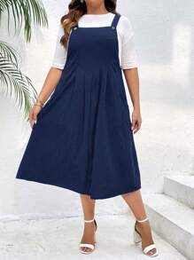 SHEIN LUNE Talla grande Vestido overol con fruncido sin camiseta - Azul Marino - Ver 3